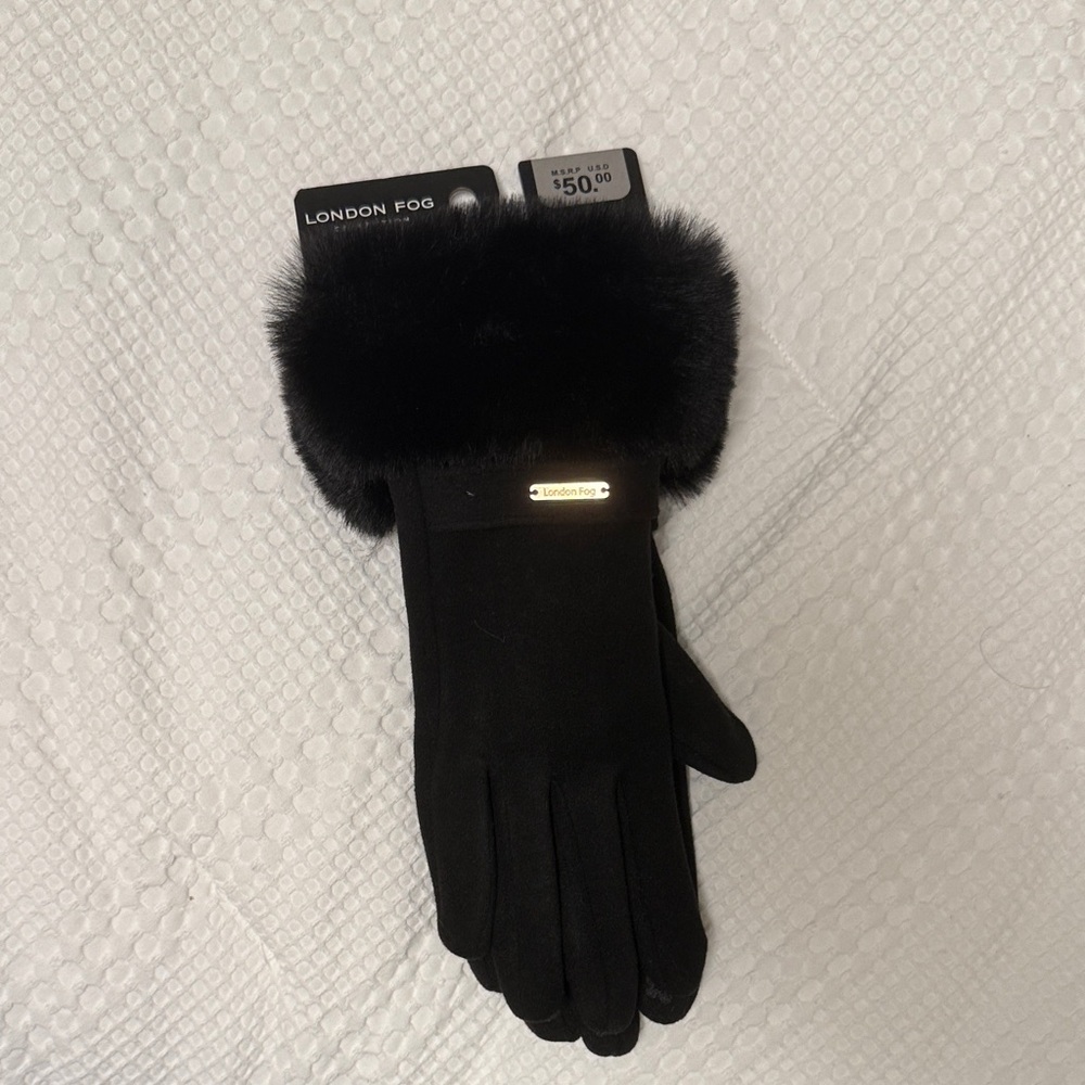 London Fog Black Faux Fur Cuff Gloves